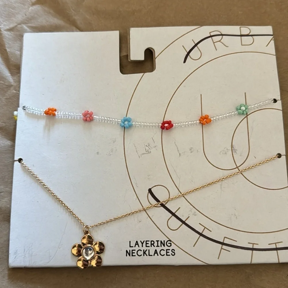 Urban Outfitters Layla Beaded Flower Layered Necklace Gold Tone Assorted Colors